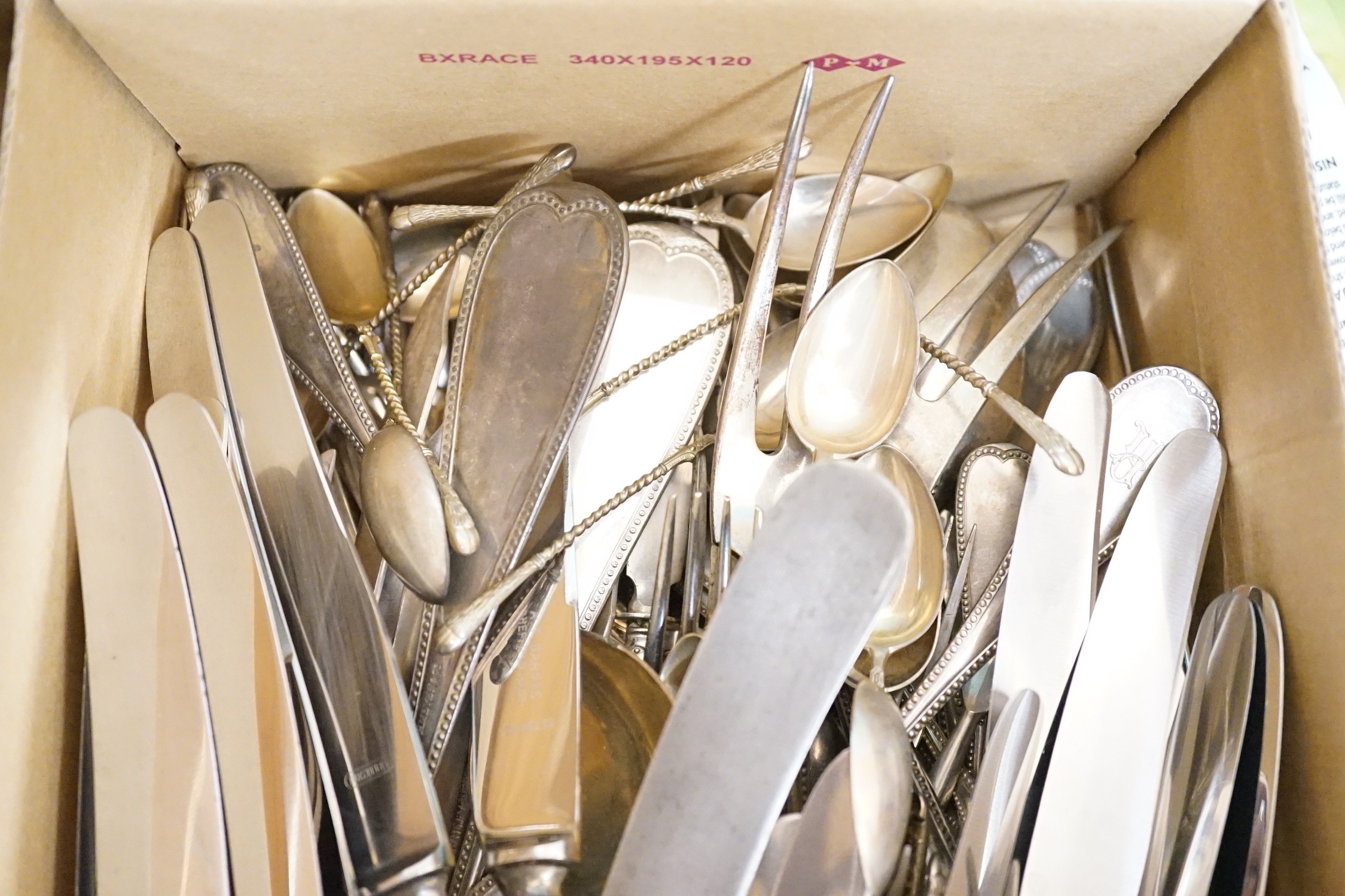 A part canteen of German 800 standard beaded pattern white metal cutlery, by H. Meyen & Co, comprising ten dessert forks, eight pairs of fish eaters, eight table forks, seven tablespoons, eighteen dessert spoons, eightee